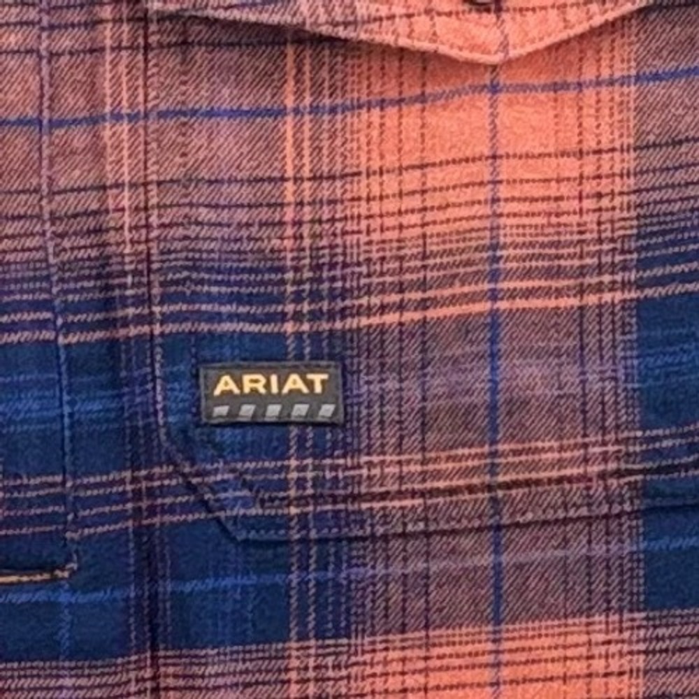 Ariat Rebar Mens Large Orange Navy Blue Plaid Flannel Work Shirt Button Down L - Picture 3 of 11